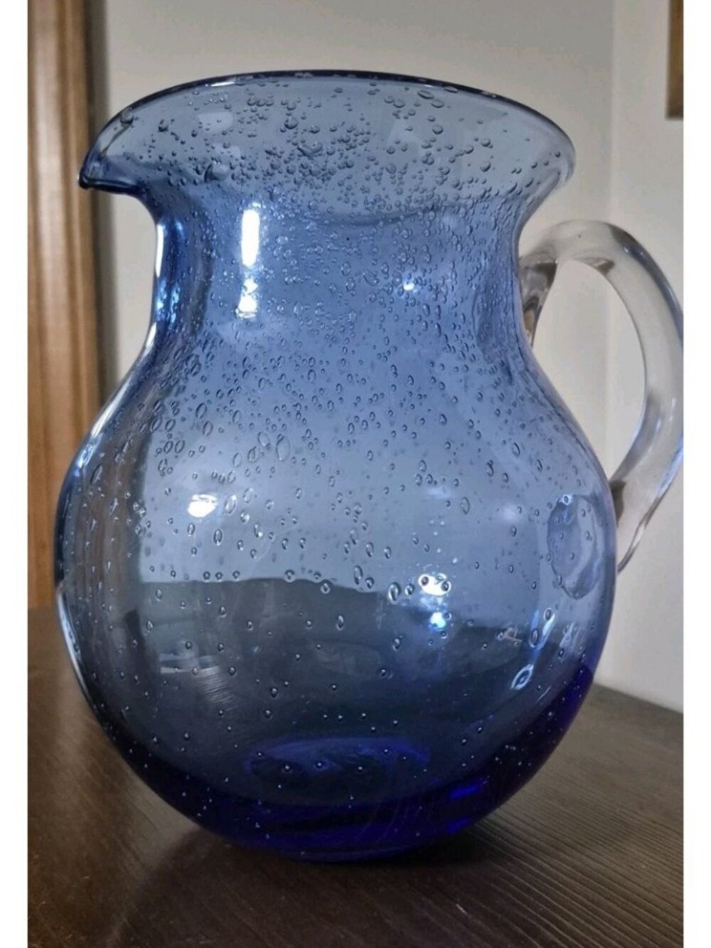 Tag LTD Cobalt Blue Bubble Glass Pitcher Hand Blown Clear Handle 96 oz.